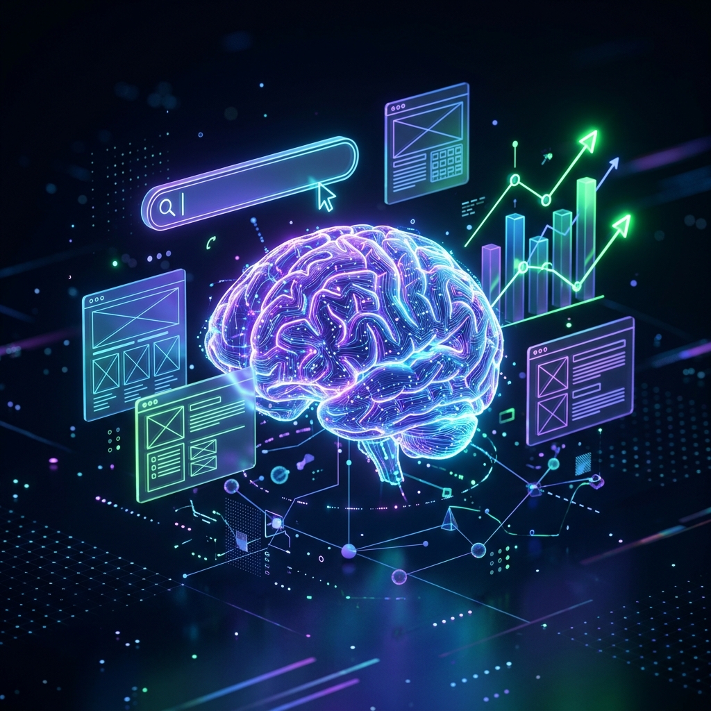 AI First SEO Agency Marketing illustration showing glowing digital nodes and trends