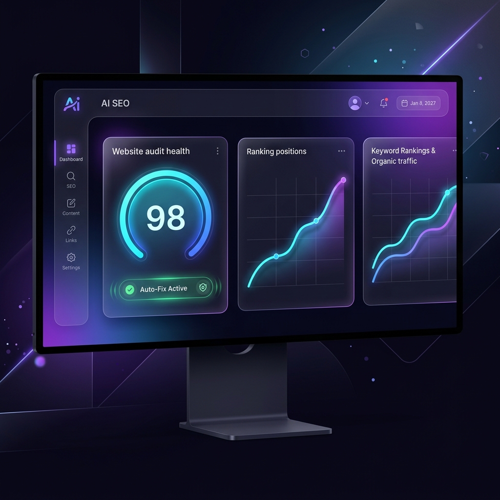 BizzBuzz AI SEO Autopilot Dashboard Mockup showing health score and optimization widgets